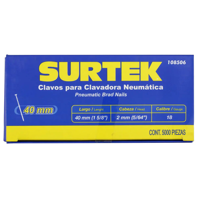 Clavos para clavadora neumática, 5000 piezas calibre 18, largo 1-5/8" Surtek