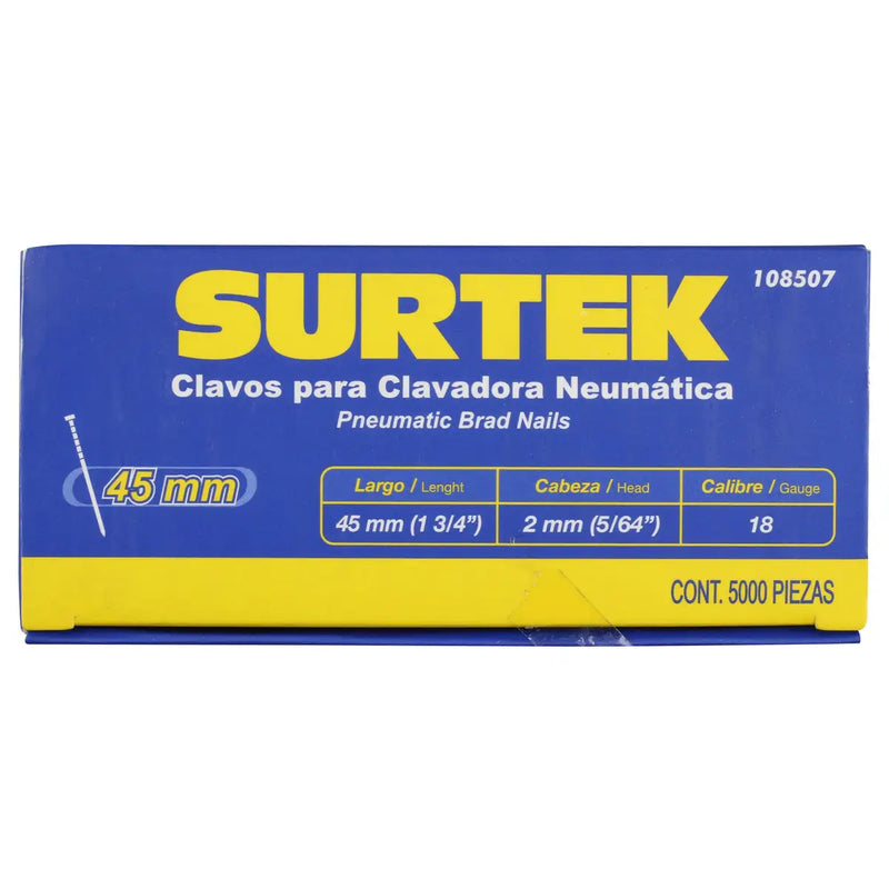 Clavos para clavadora neumática, 5000 piezas calibre 18, largo 1-3/4" Surtek
