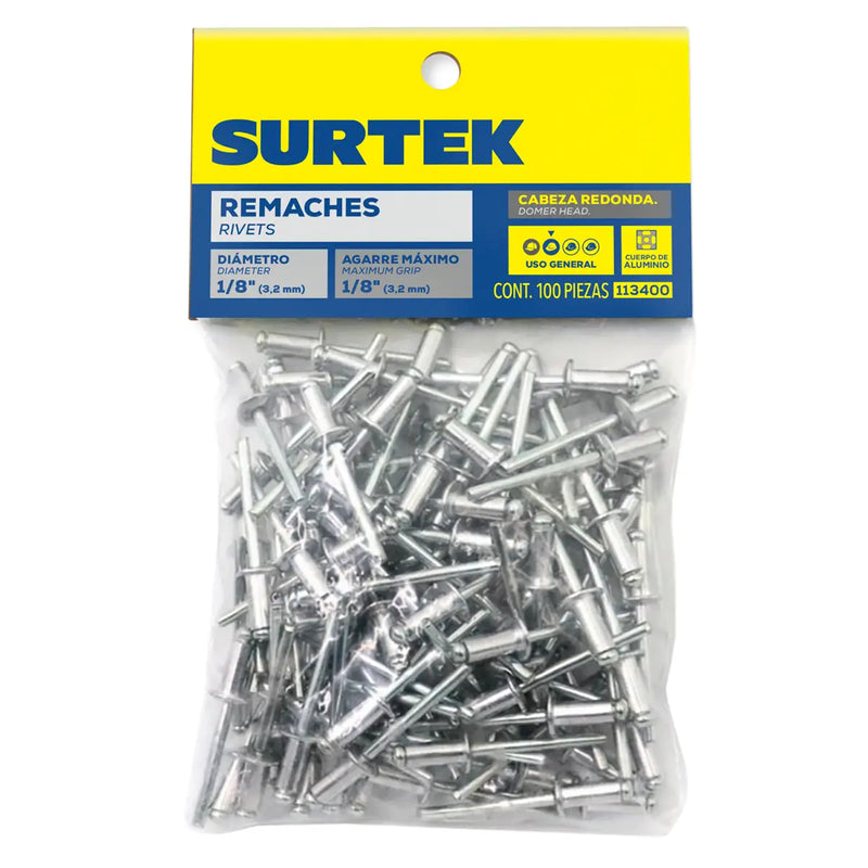 Remache 1/8" x 1/8", en caja con 1000 piezas Surtek
