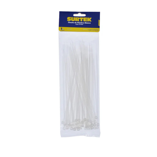 Cinchos plásticos 203 x 4.6 mm, tensión 22 Kg de 50 piezas color natural Surtek