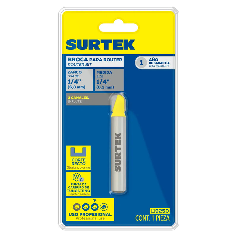 Broca para router de acero recta de 2 filos 3/4" zanco de 1/4" Surtek