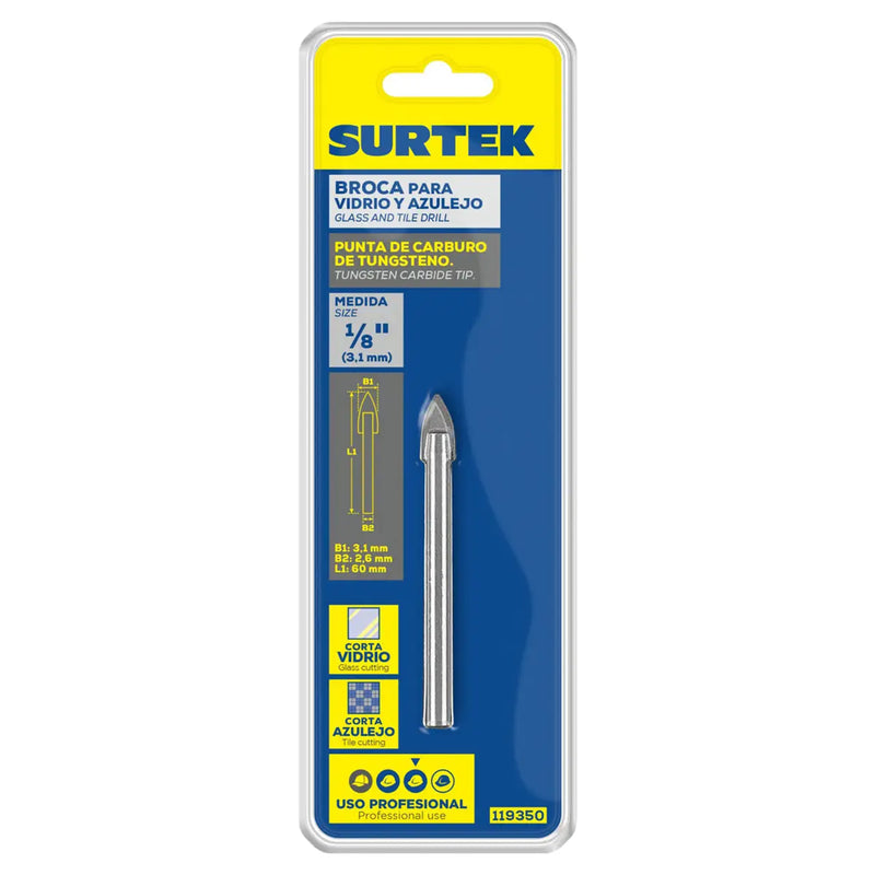 Broca para vidrios y azulejos de acero con cabeza de carburo de tungsteno 1/4" Surtek