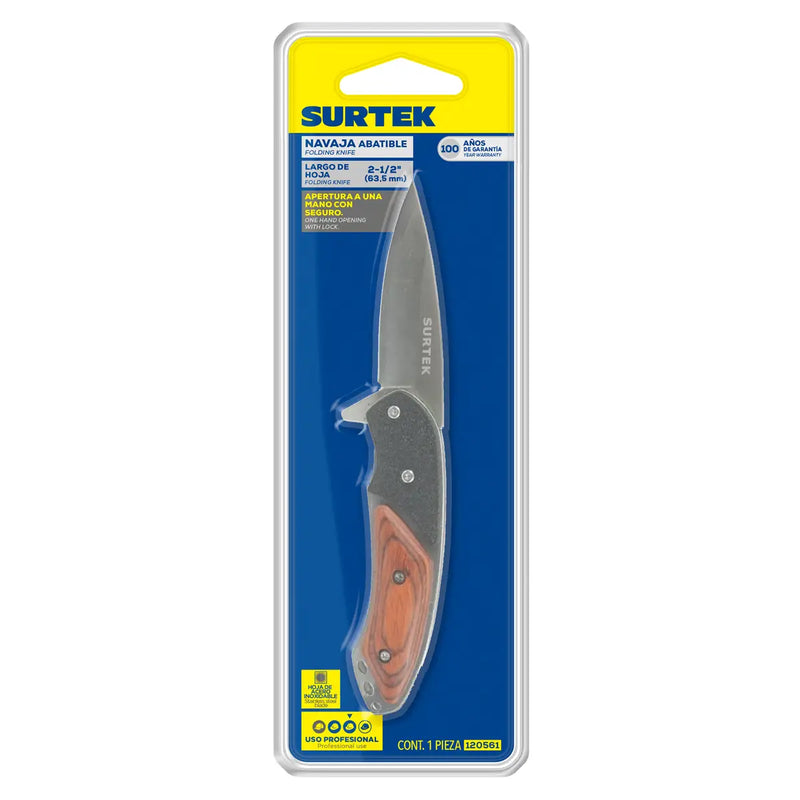 Navaja abatible de acero inoxidable con mango de madera Surtek