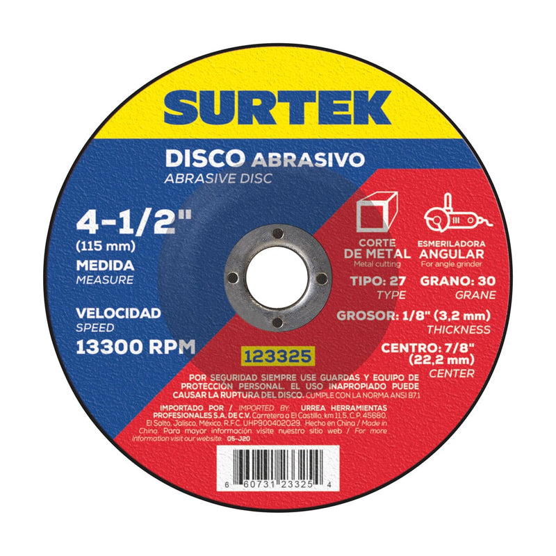 Disco abrasivo tipo 27 para metal 4-1/2" x 1/8" Surtek