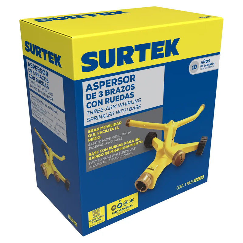 Aspersor estacionario con base metálica de 3 brazos con ruedas 3/4" GHT Surtek