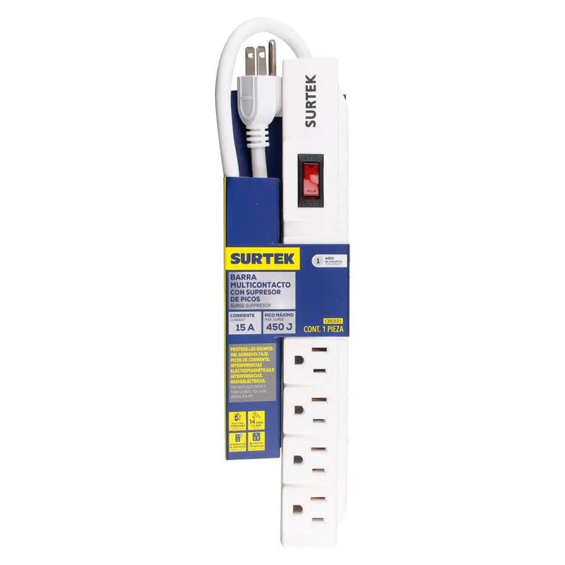 Supresor de picos 6 entradas cable 450 J de 45 cm Surtek