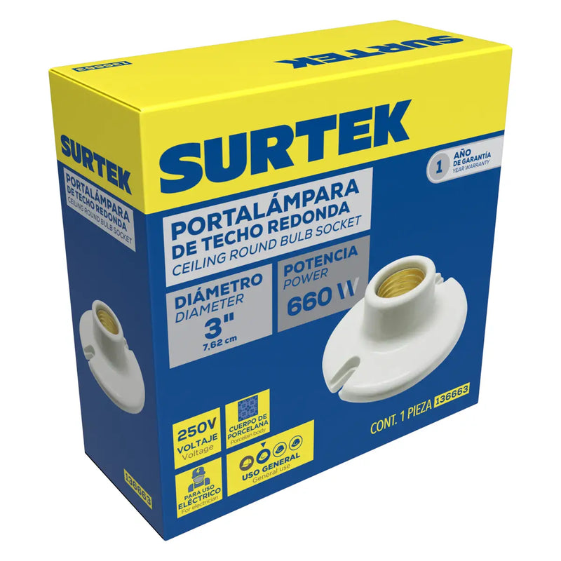 Portalámpara redonda de porcelana para techo 3" Surtek