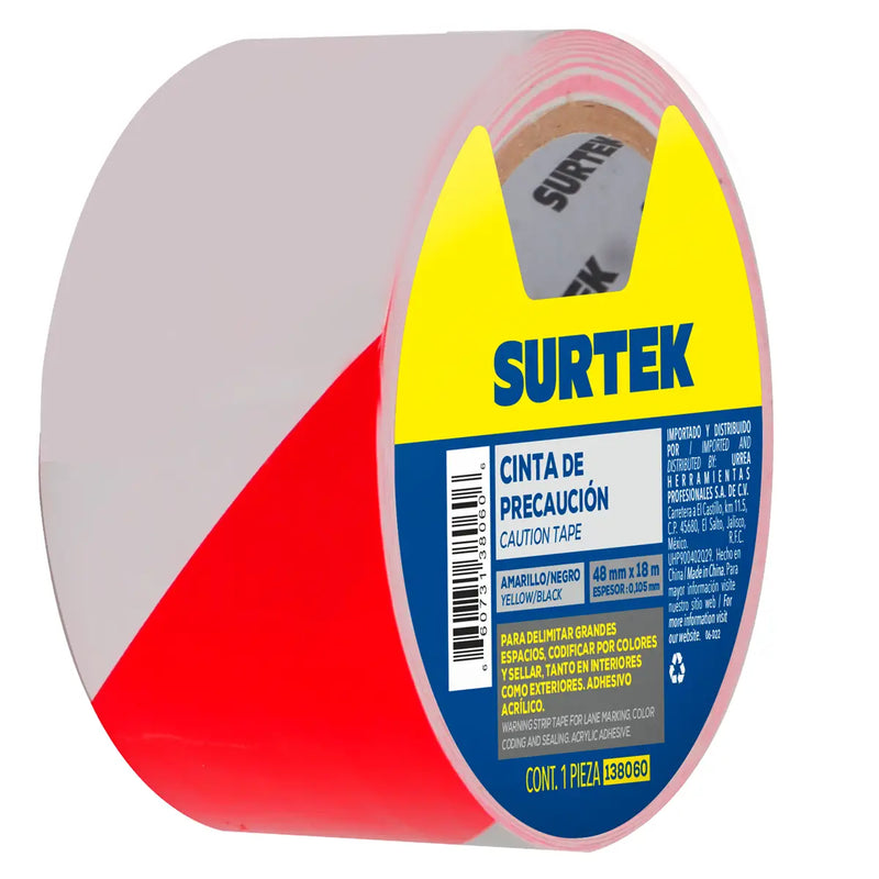 Cinta de señalización de adhesivo acrílico ancho 2" de 18 m, color blanco/rojo Surtek