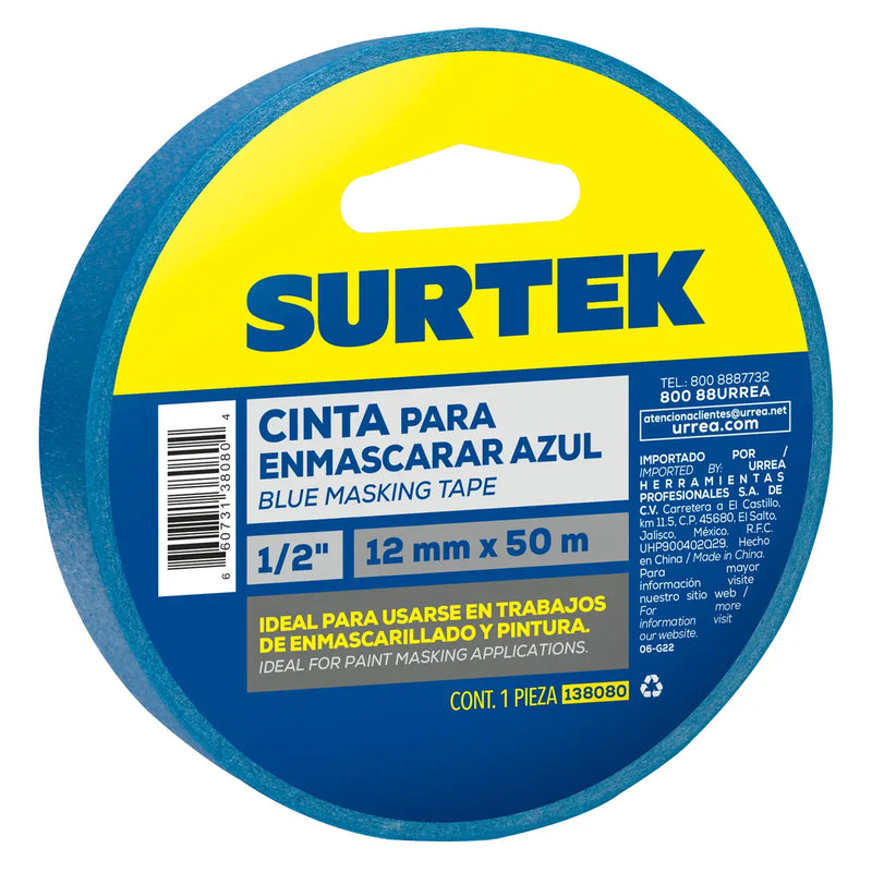 Cinta masking tape azul para enmascarar 1/2" x 50 m Surtek