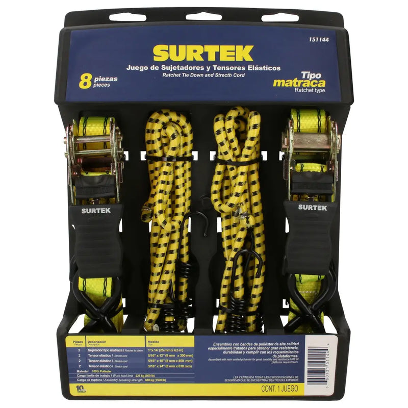 Juego de sujetadores tipo matraca y tensores, 8 piezas Surtek