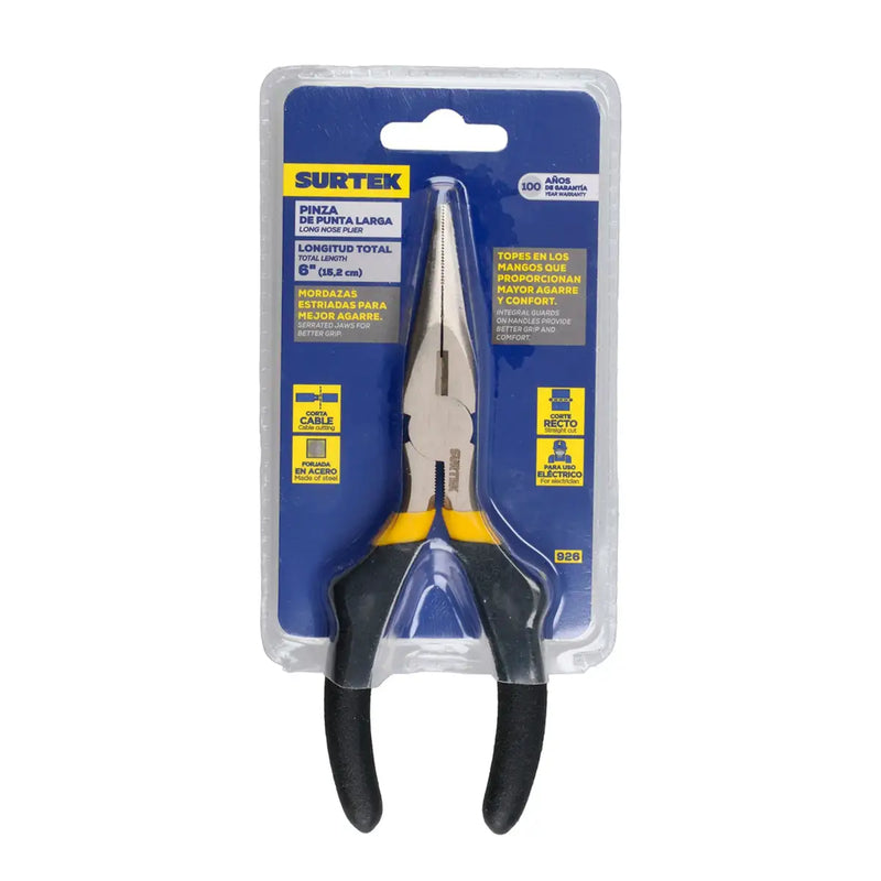Pinza para electricista con mango rubber grip de 6", punta larga Surtek