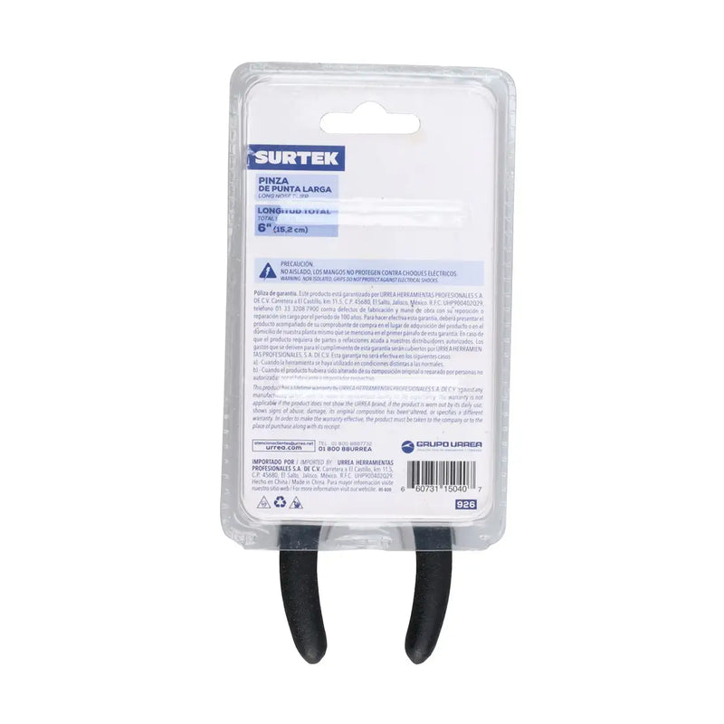 Pinza para electricista con mango rubber grip de 6", punta larga Surtek