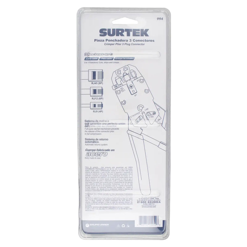 Pinza ponchadora modular 8" para conectores RJ45, RJ12, RJ9 Surtek