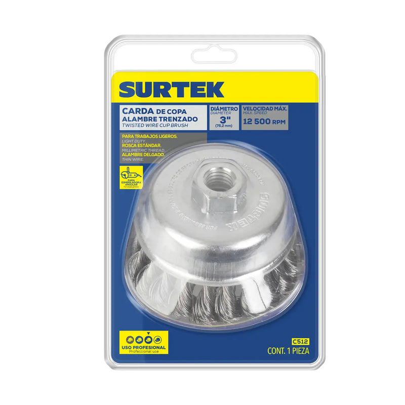 Carda copa trenzada alambre delgado 4" x 0.35 mm con rosca 5/8" Surtek