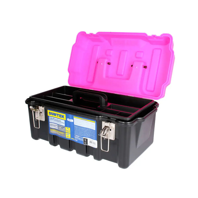 Caja portaherramientas plástica con broches metálicos y tapa rosa 17" x 9" x 8" Surtek