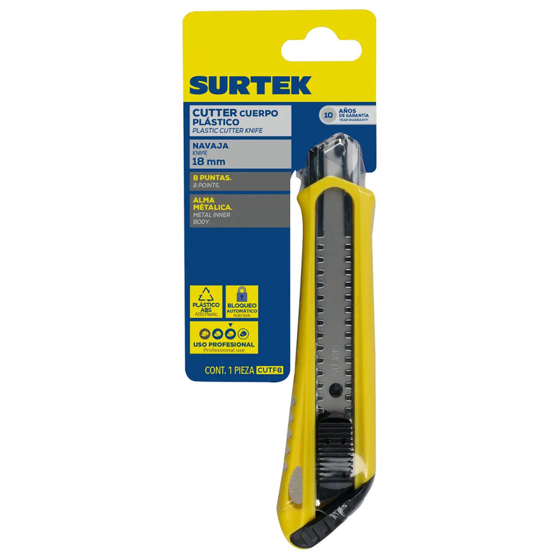 Cutter con cuerpo de plástico de 18 mm, cambio automático de navaja Surtek