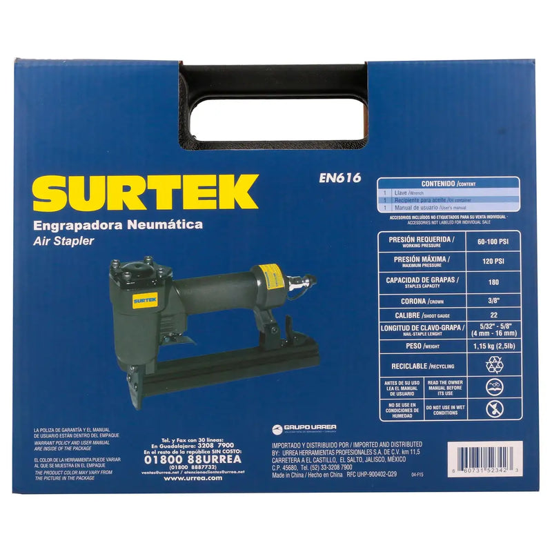 Engrapadora neumática calibre 22GA capacidad 180 grapas, 3/8 x 5/8" Surtek