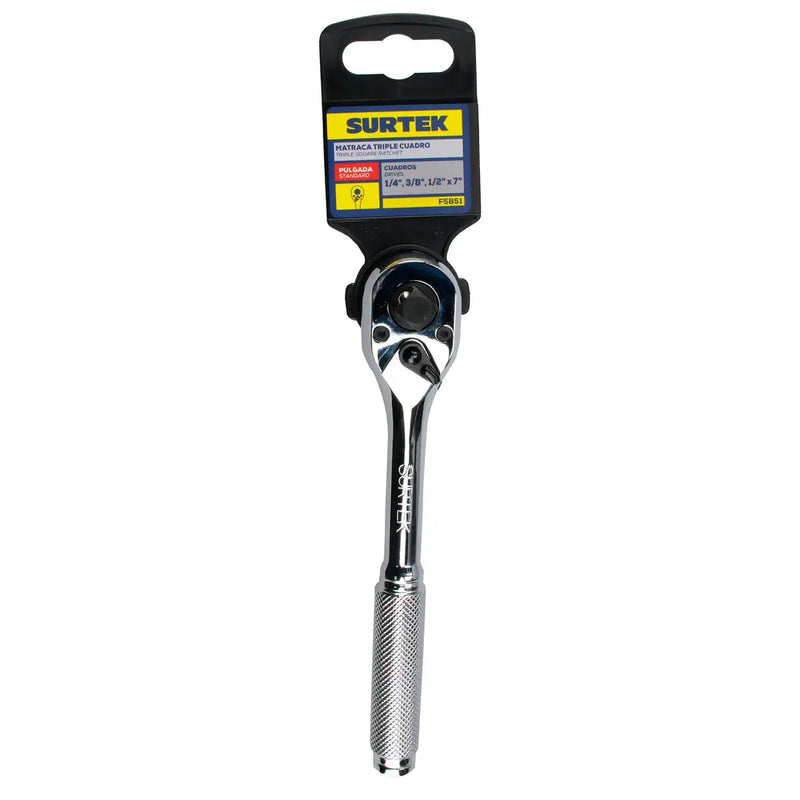 Matraca triple para dados cuadro de 1/4", 3/8", y 1/2", cabeza tipo pera, mango moleteado Surtek