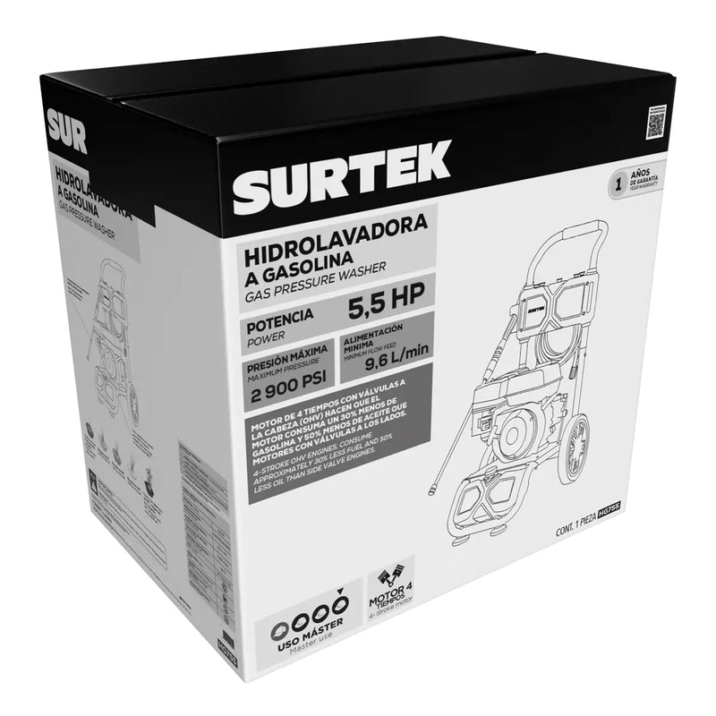 Hidrolavadora a gasolina 5.5 HP 2900 PSI, 7.2 Lt por minuto flujo máximo Surtek