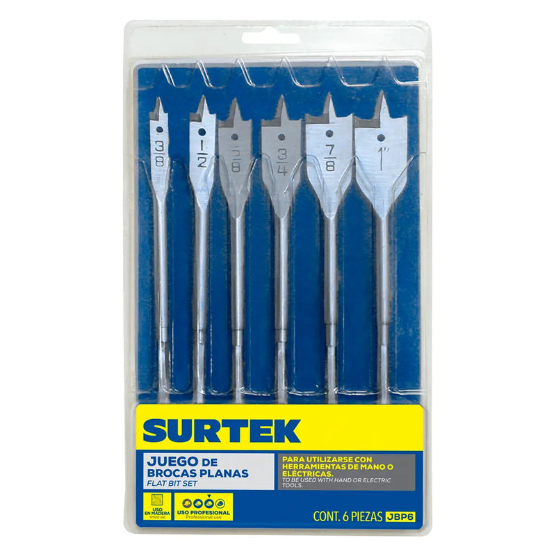 Juego  de 6 brocas para madera tipo manita plana zanco hexagonal Surtek