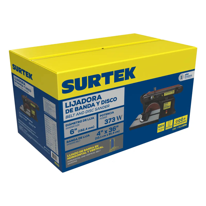 Lijadora de banda 4" x 36" y disco estacionaria 6" 1/2 HP 120 V Surtek