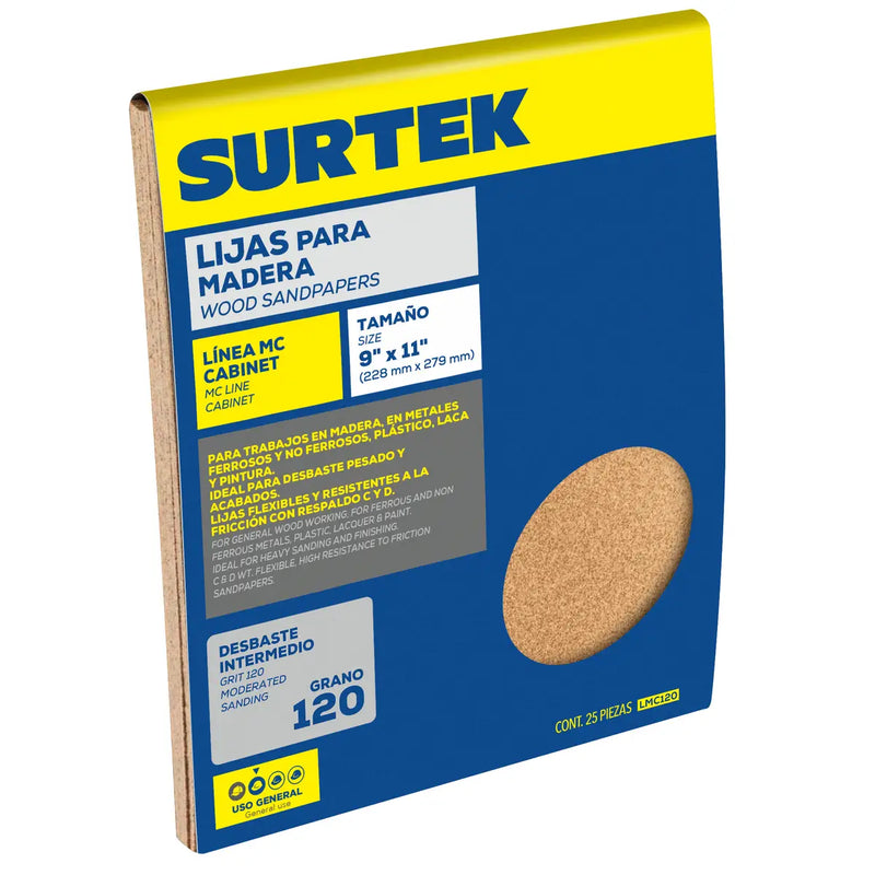 Lija panel cabinet para madera, grano 120 Surtek