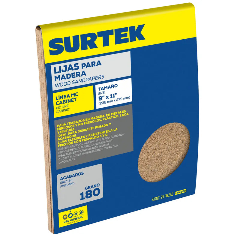 Lija panel cabinet para madera, grano 180 Surtek