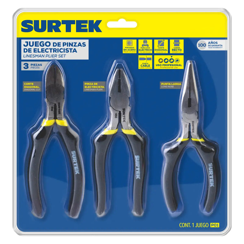 Juego pinzas para electricista, 3 piezas Surtek