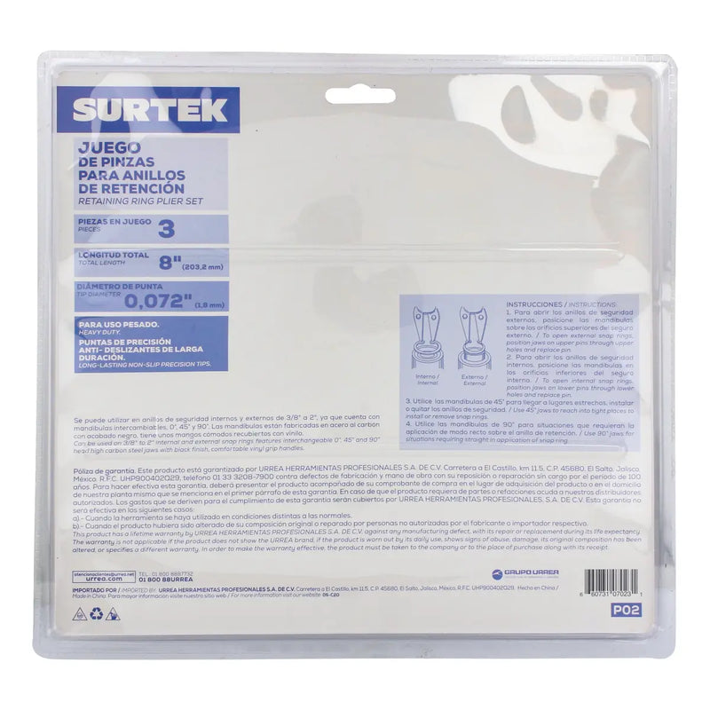 Juego de pinzas para anillos de retención convertibles, 3 piezas Surtek
