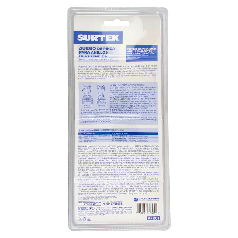 Pinza para anillos de retención con cabeza intercambiable, 5 piezas Surtek