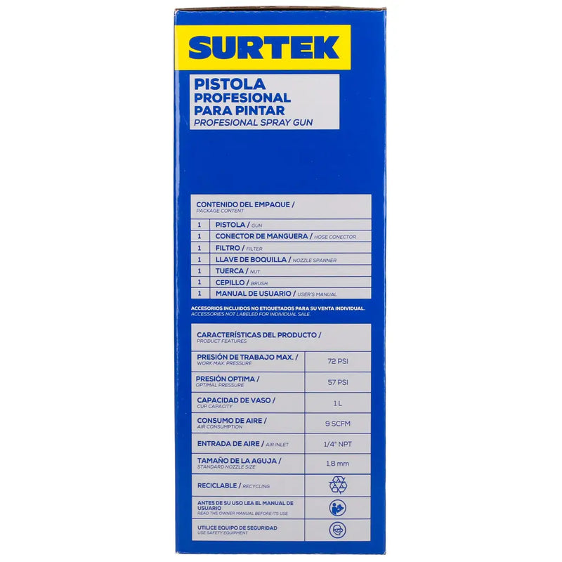 Pistola para pintar de alta presión, capacidad 1000 ml, 72 PSI con vaso reforzado Surtek