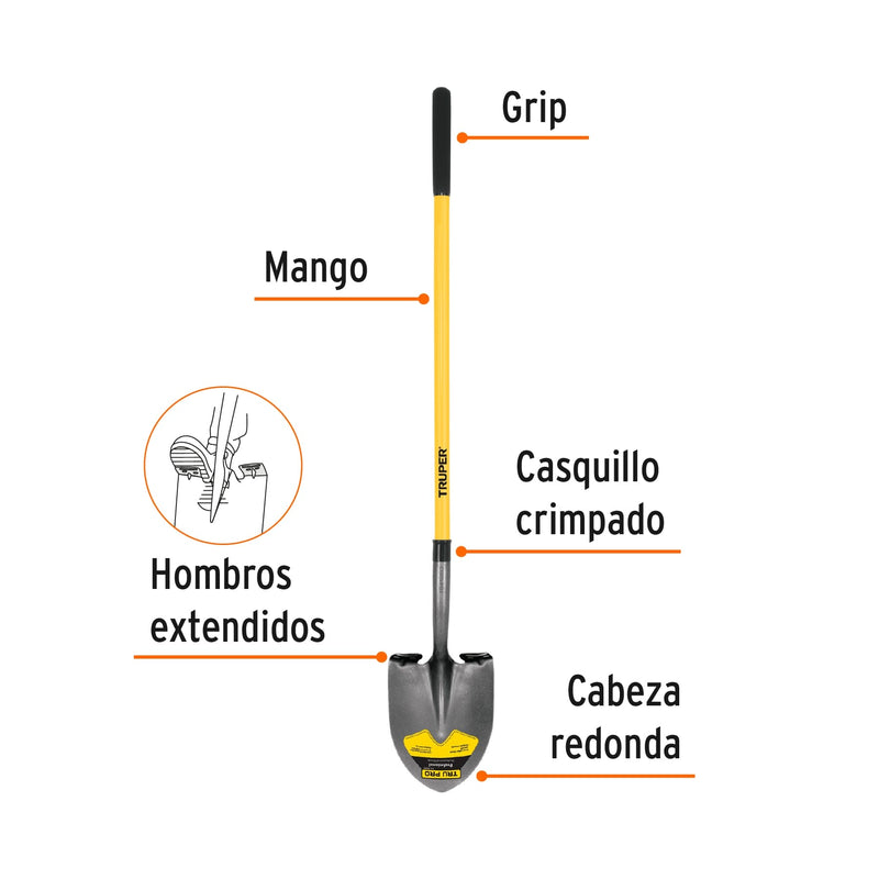 Pala redonda - mango largo de fibra de vidrio 48"