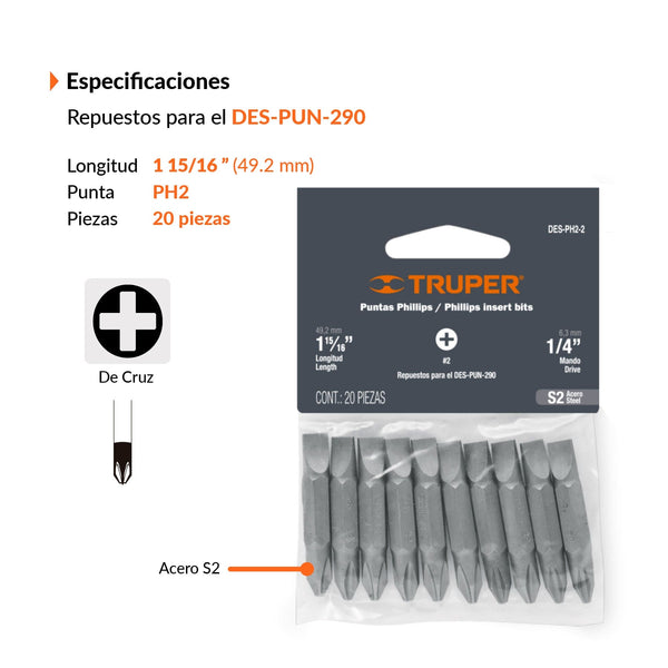 Punta Para Desarmador Est. 20 Pza Truper 2 DES-PH2-2